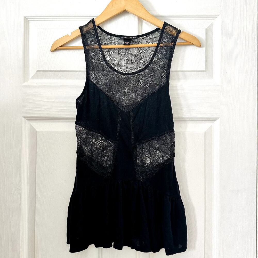 Victoria Secret Tank Womens S Black Mesh Lace Ruffle Hem